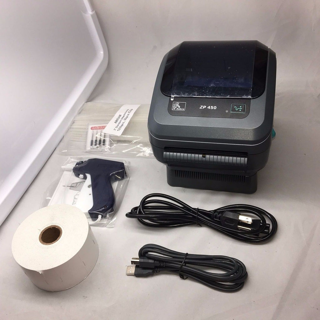 Refurbished Zebra ZP450 Thermal Label Printer With 1 Roll Of 2.25" x 1.37" Clothing Tags For Barcodes, POS & Quickbooks & Tagging Clothing Gun Kit