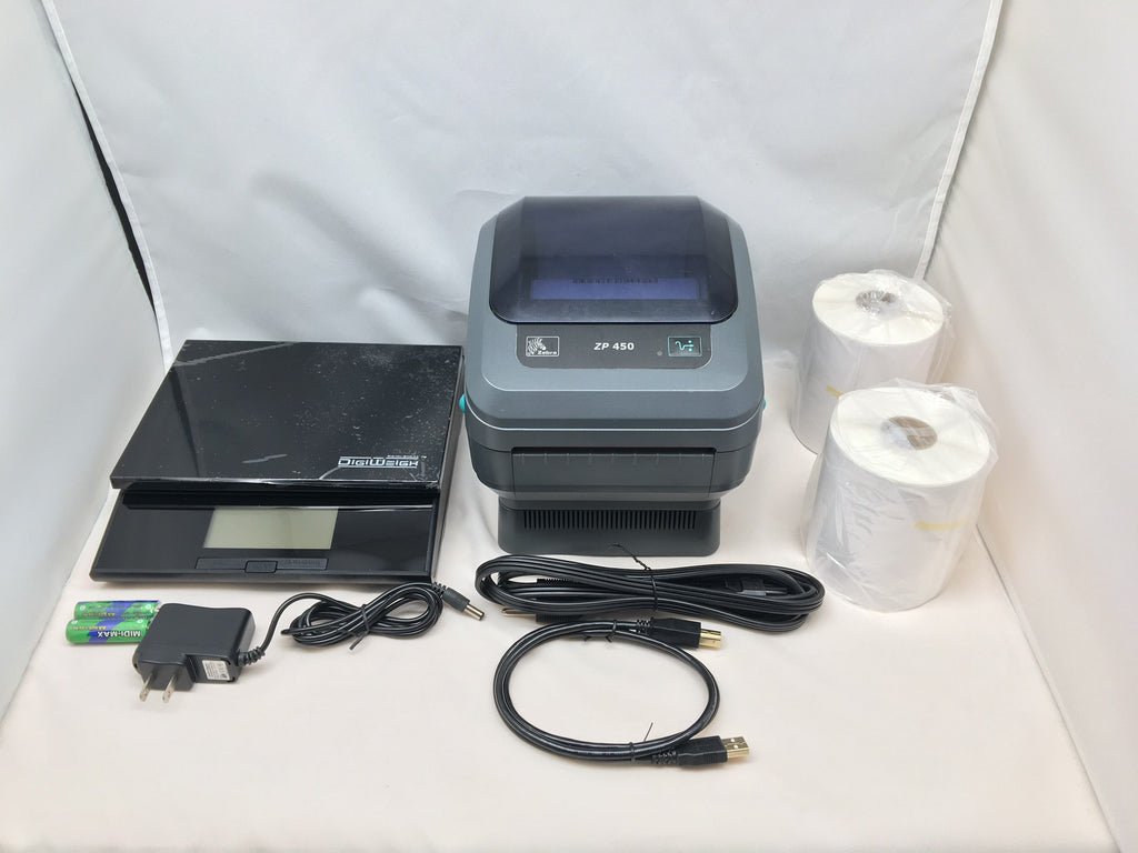 Refurbished Zebra ZP450 Thermal Printer, 56 Lb Postal Scale & 500 4" x 6" Labels Bundle